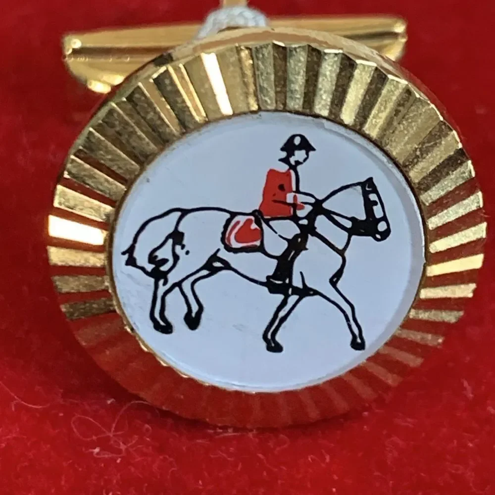 Vintage Equestrian Style Horse & Rider Gold Tone, Red, White‎ & Black Cuff Links